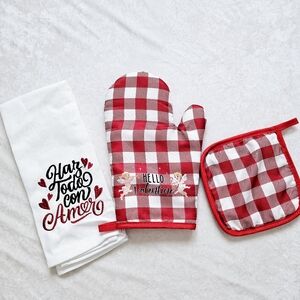 ❤️Hello Valentine Red and White Checkered Kitchen 3 Pcs Set